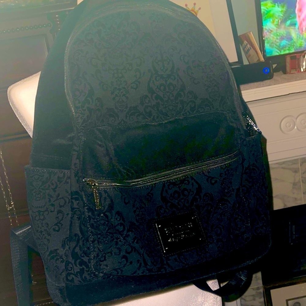 Black velvet back pack. Has so many zippered pockets while Mama bear stays busy.